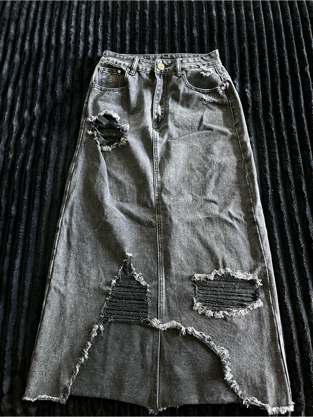 Disturbia Distressed Black Denim Maxi Skirt